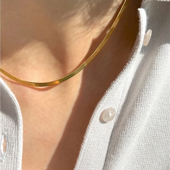 Elegant Herringbone Necklace, Yellow Gold Plated Stainless Steel for Women. 18” - Picture 6 of 6